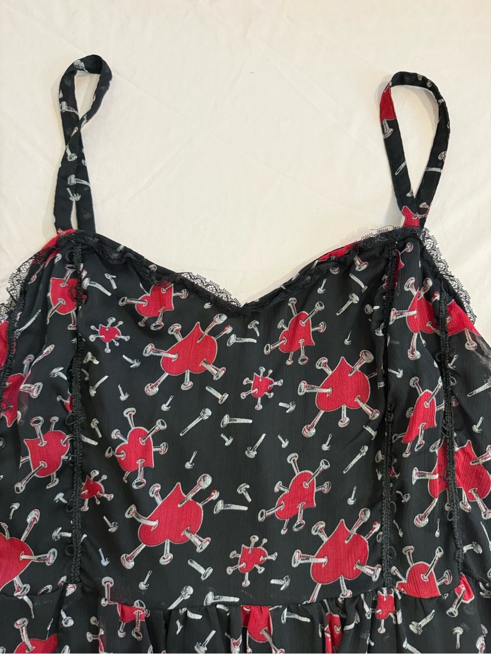 Vintage Black & Red Heart-Print Satin Slip Dress